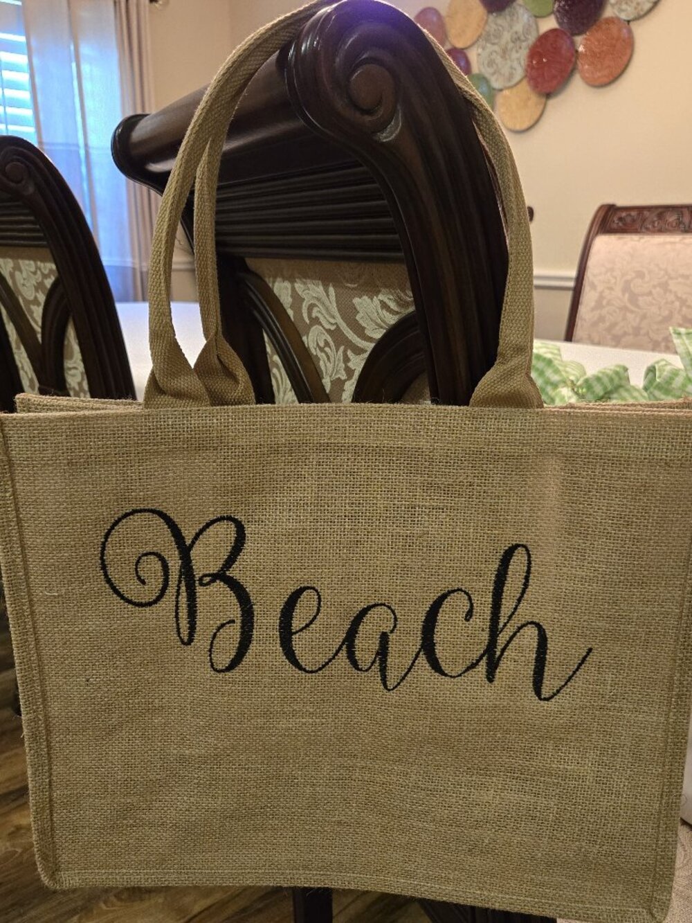 Tote Bag, Large Burlap Bag Jute Fully Linted Interior Durabl Script "Beach"